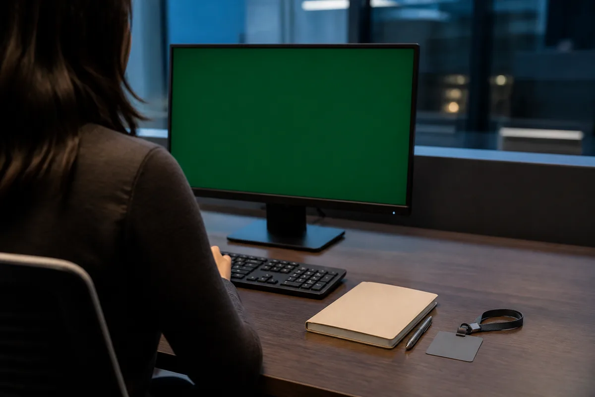 Poste de travail de bureau avec deux écrans affichant des aplats de couleur unis
