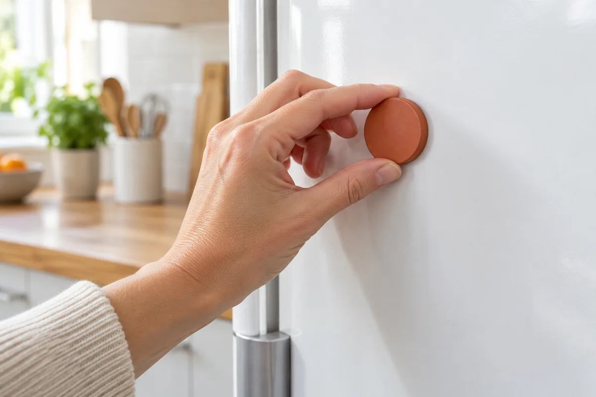Main qui pose un aimant rond uni sur la porte d’un réfrigérateur blanc dans une cuisine claire