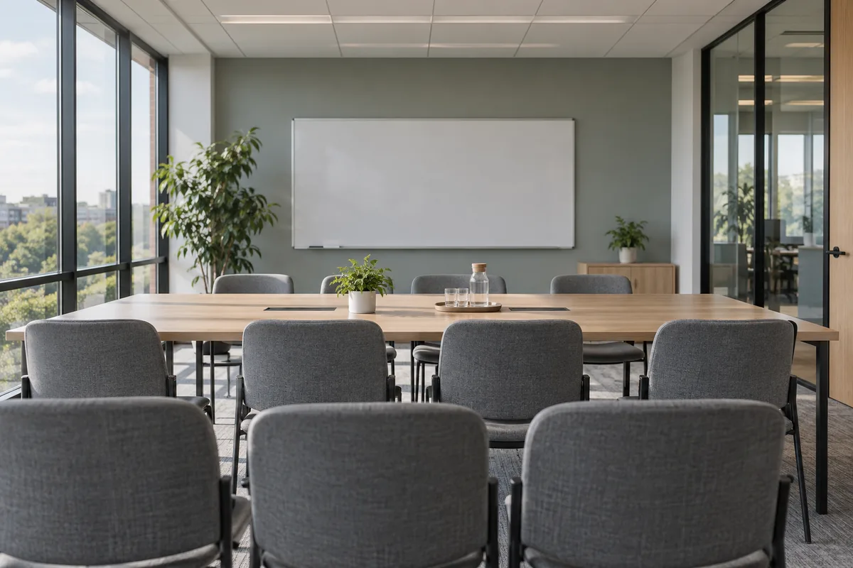 Salle de réunion vide d’une petite entreprise, tableau blanc effacé et chaises alignées en rang