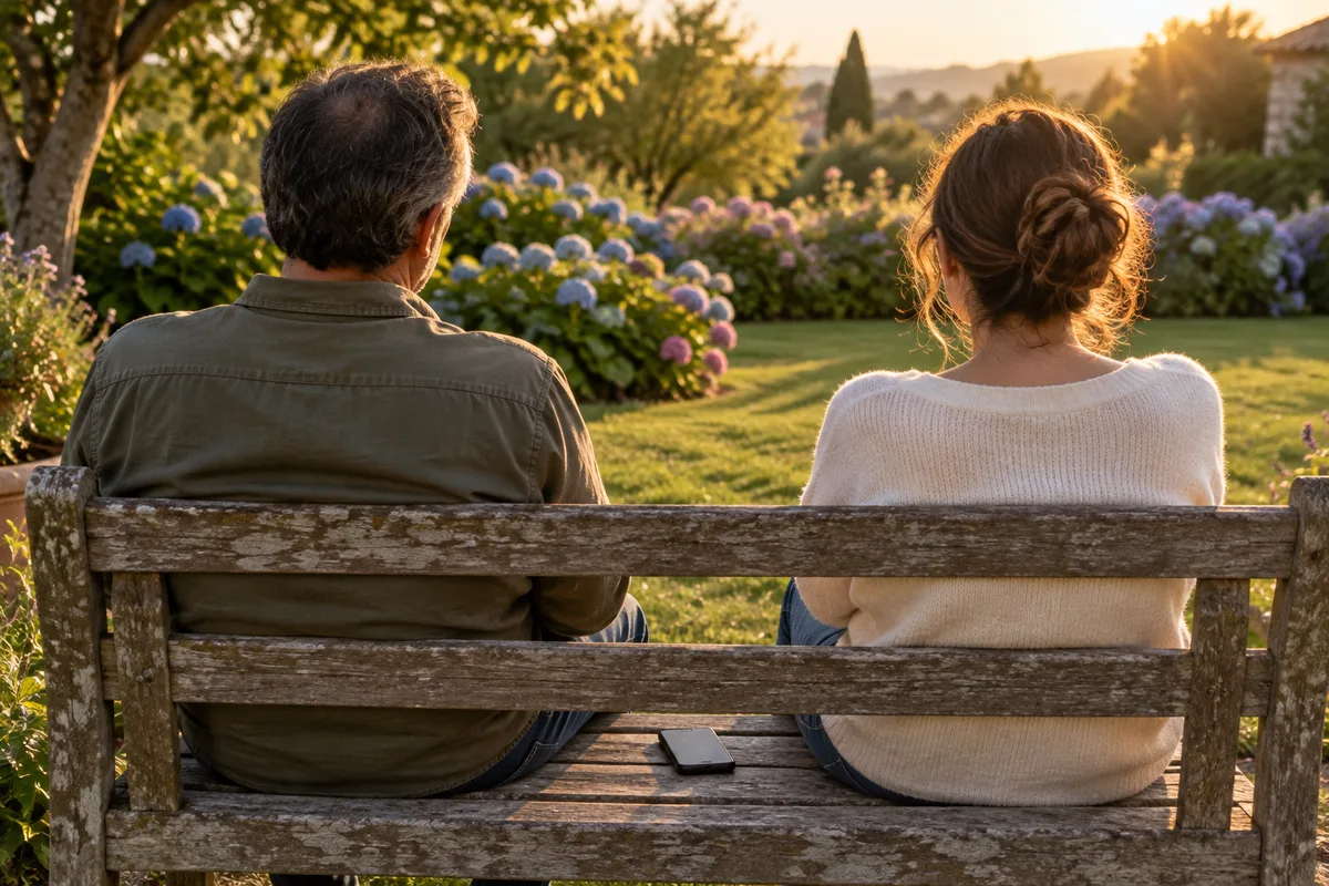 Deux personnes vues de dos sur un banc de jardin, un téléphone posé écran contre le bois entre elles