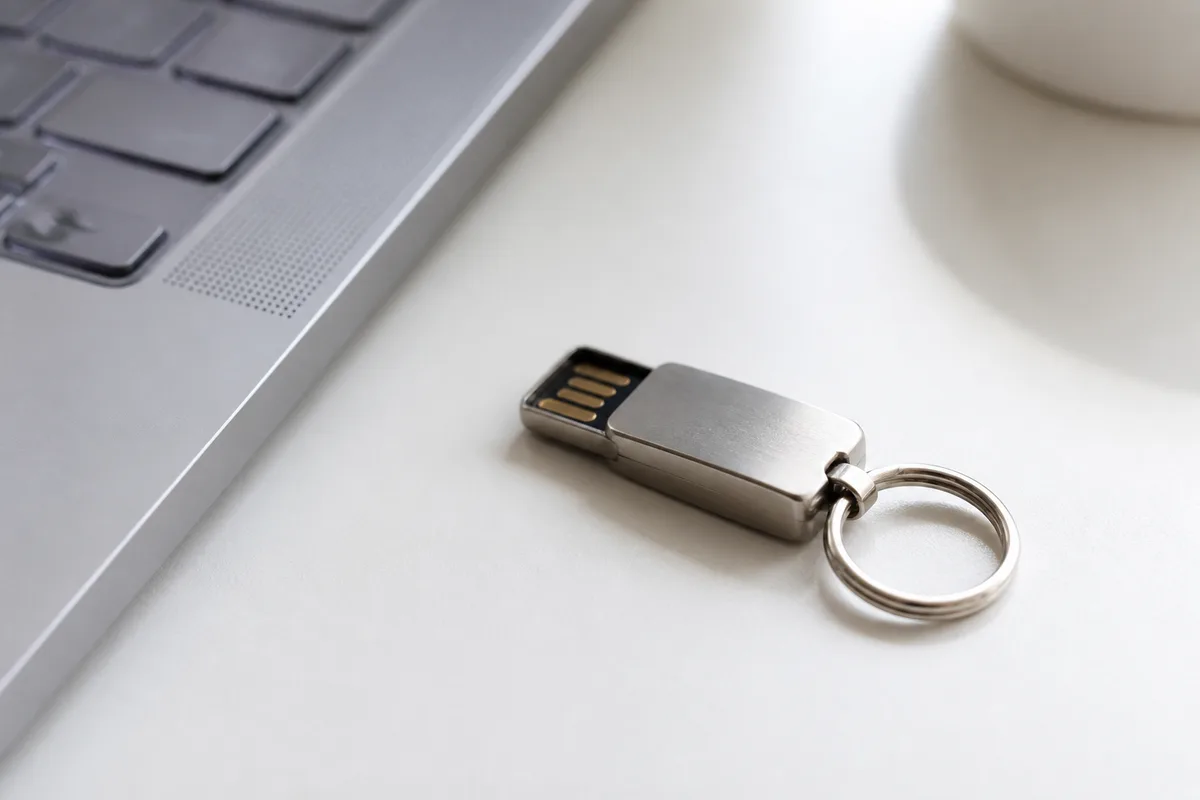 Clé de sécurité USB posée près d’un clavier d’ordinateur portable sur un bureau clair