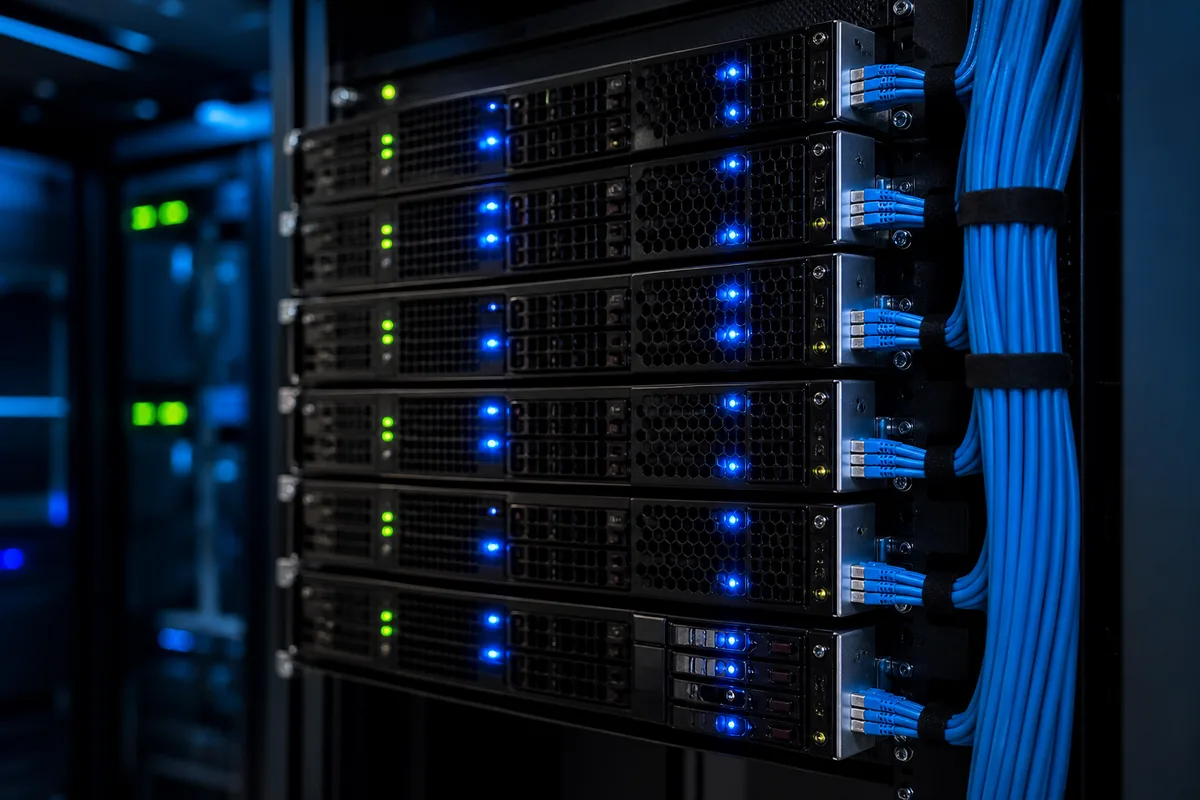 Baie de serveurs éclairée par des diodes bleues dans une salle technique sombre