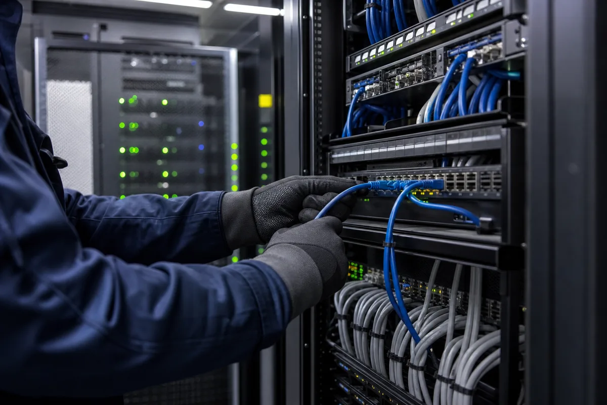 Baie informatique ouverte dans une salle serveur d&rsquo;entreprise, mains d&rsquo;un technicien branchant un câble réseau