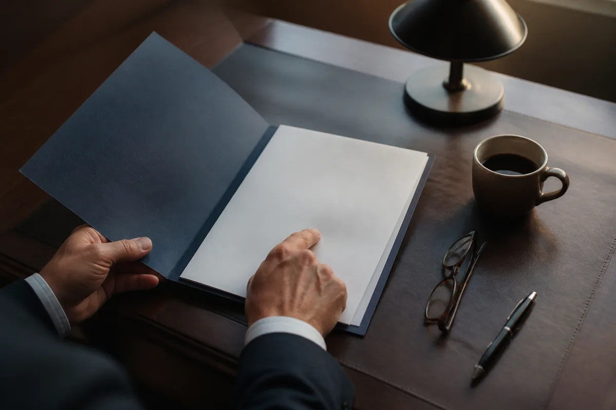 Bureau de dirigeant avec deux mains parcourant un dossier cartonné ouvert, lumière naturelle latérale, tasse de café posée à côté