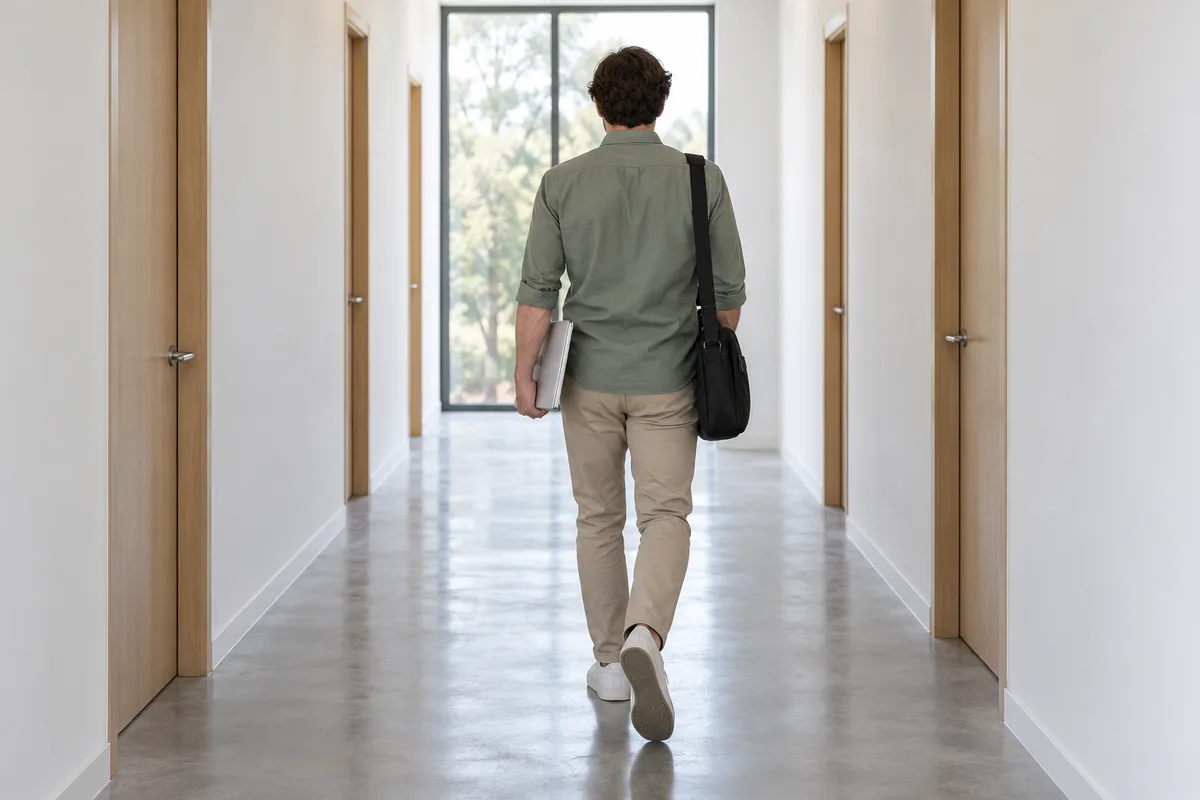 Technicien vu de dos qui traverse un couloir de bureaux, un ordinateur portable fermé sous le bras
