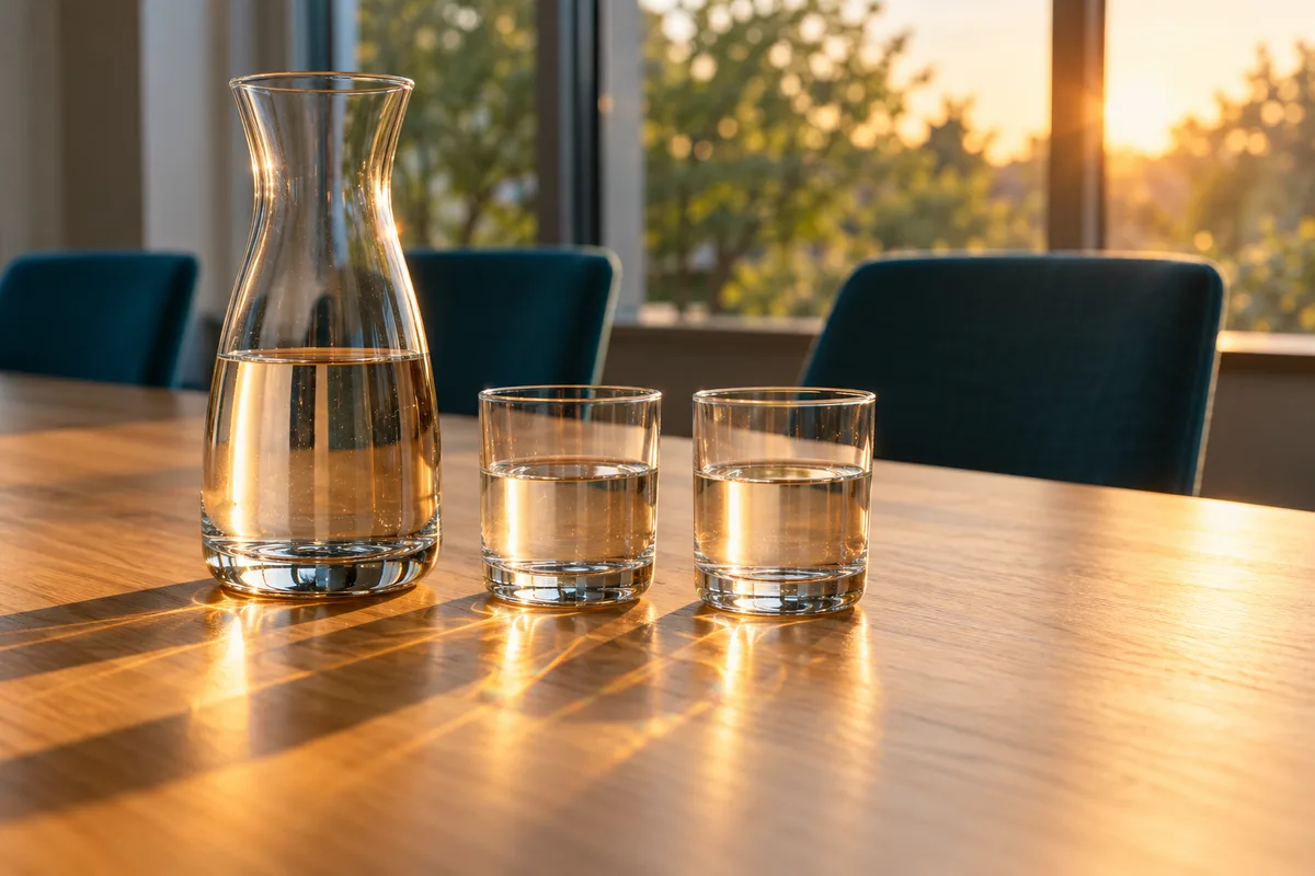 Carafe et deux verres d&rsquo;eau sur une table de réunion en bois clair, en fin d&rsquo;après-midi