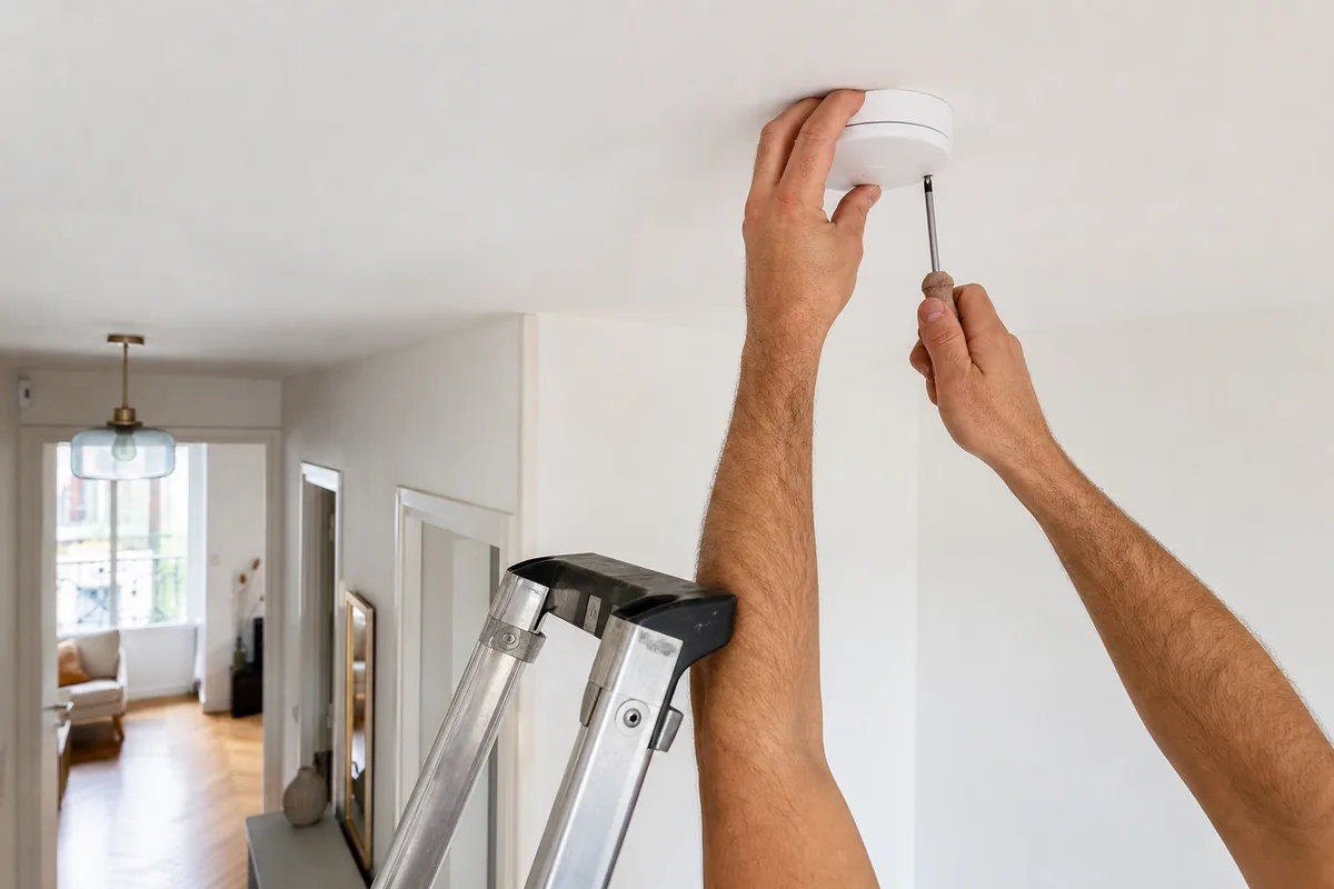 Détecteur de fumée blanc fixé au plafond d&rsquo;un couloir de maison