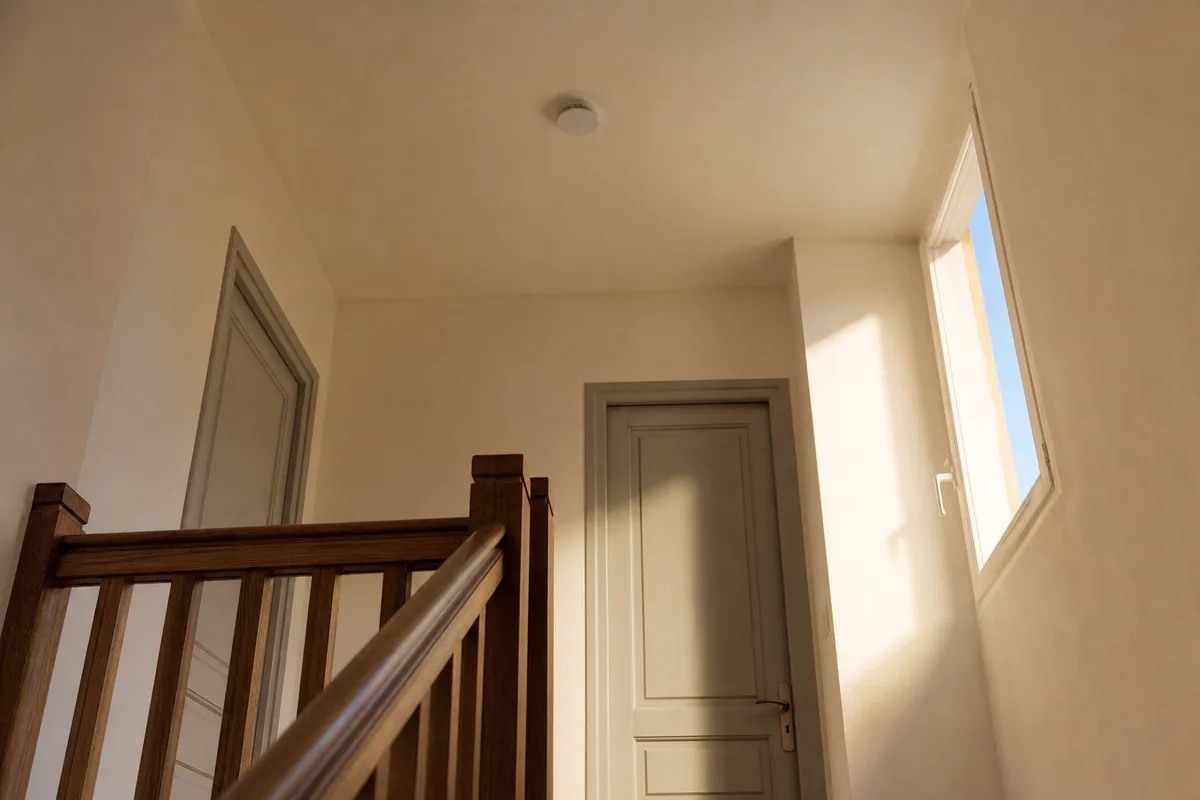 Palier d&rsquo;escalier en bois d&rsquo;une maison avec détecteur au plafond