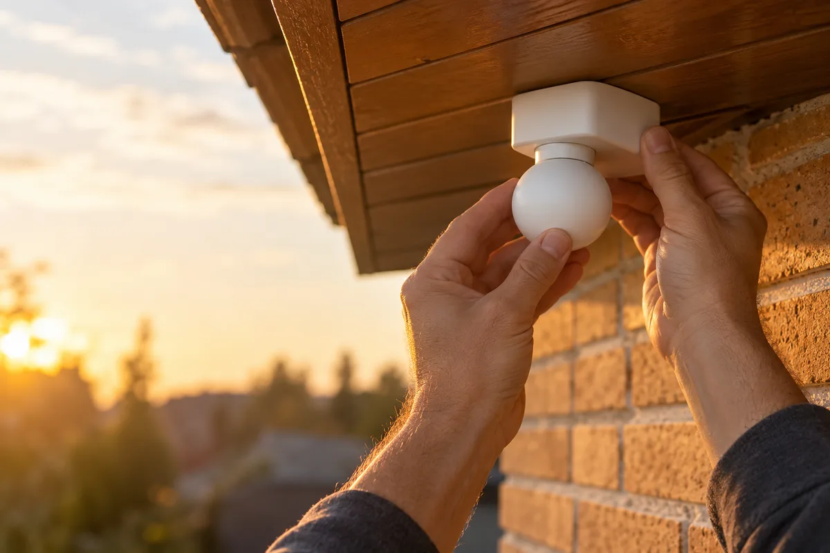 Deux mains orientent la tête de détection blanche et ronde fixée sous un avant-toit en bois
