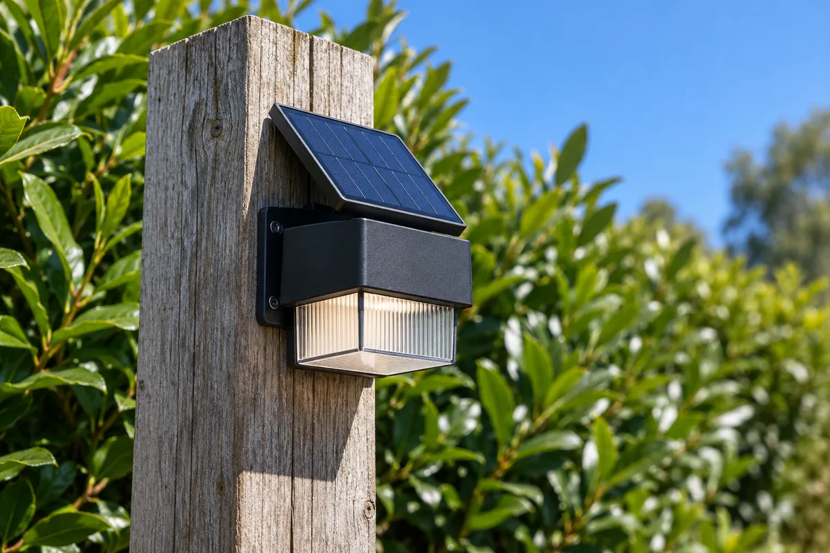 Applique solaire noire à petite cellule photovoltaïque fixée sur un poteau de clôture en bois devant une haie de lauriers