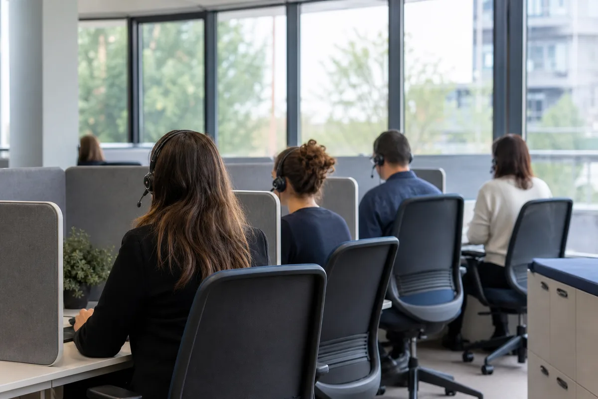 Plateau de téléconseillers dans un open space français, casques audio et postes de travail alignés