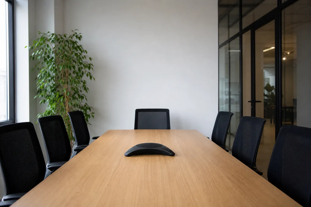 Poste de conférence téléphonique au centre d’une table de réunion d’entreprise
