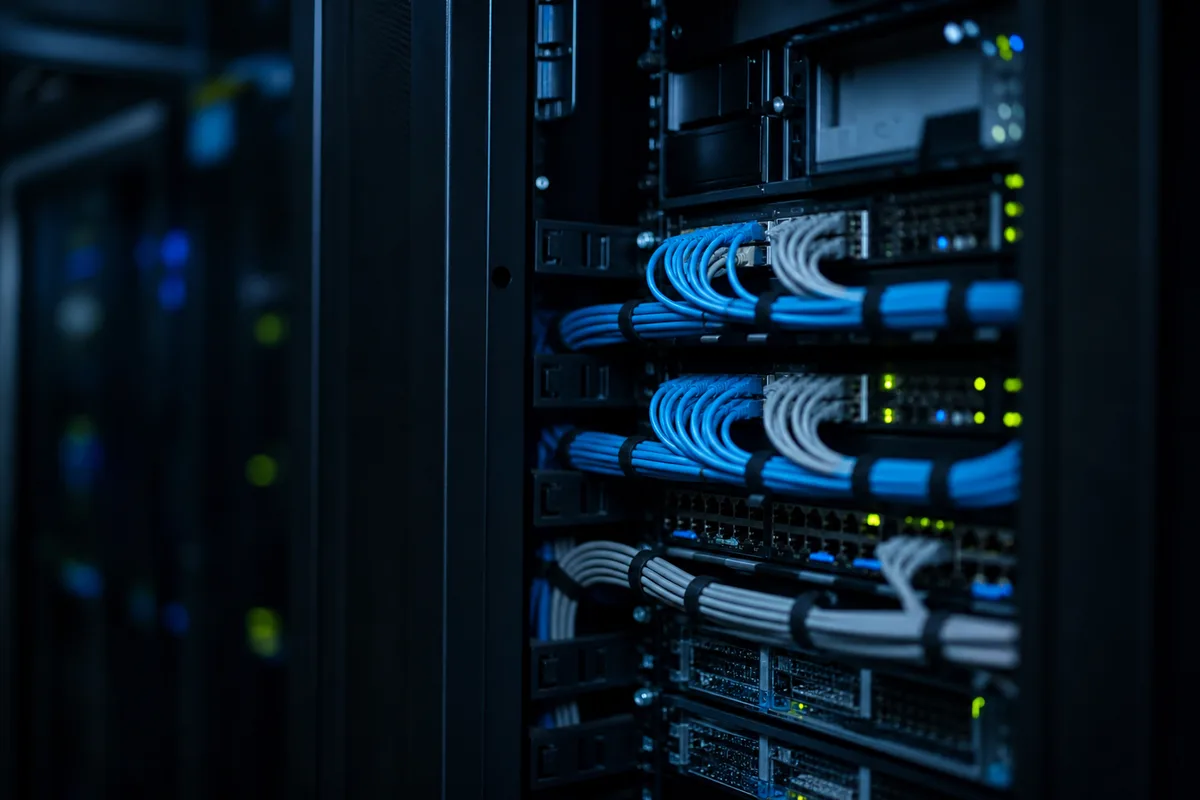 Baie de serveurs et rack de stockage dans un local technique d’entreprise faiblement éclairé