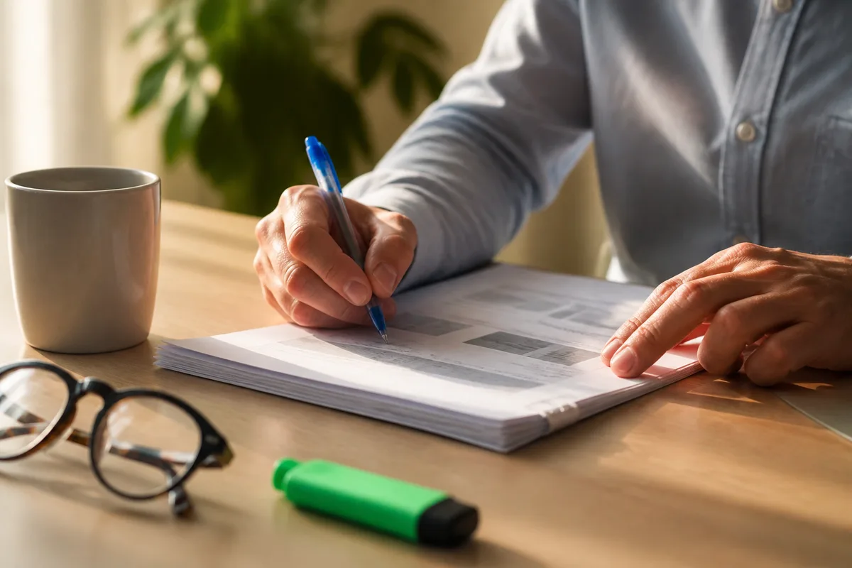 Mains d&rsquo;une personne annotant un contrat imprimé posé sur un bureau clair, stylo et tasse à proximité