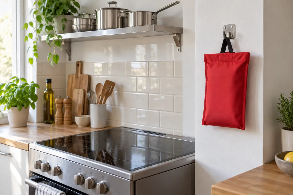 Couverture anti-feu pliée dans sa pochette unie accrochée au mur près d&rsquo;une cuisinière