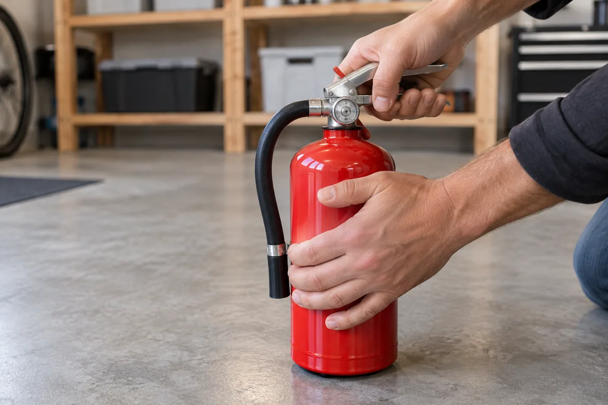 Mains saisissant la poignée d&rsquo;un petit extincteur rouge posé au sol d&rsquo;un garage