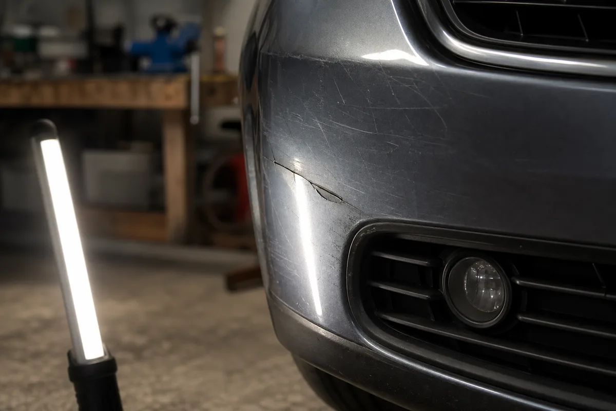 Expert automobile examinant un pare-chocs endommagé dans un garage