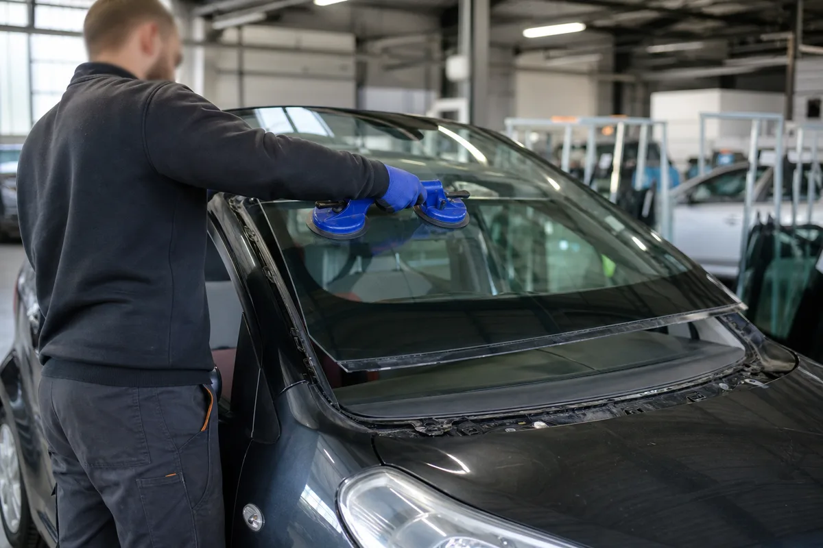 Technicien remplaçant un pare-brise de voiture dans un atelier vitrage