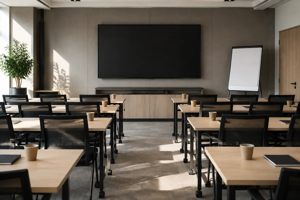 Salle de formation inoccupée après une session, tables mobiles, gobelets et blocs-notes fermés devant un grand écran mural