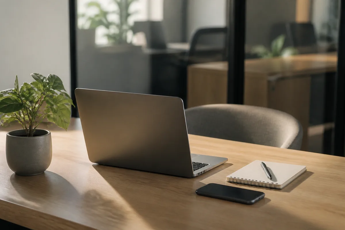 Postes de travail alignés dans un open space calme en fin de journée