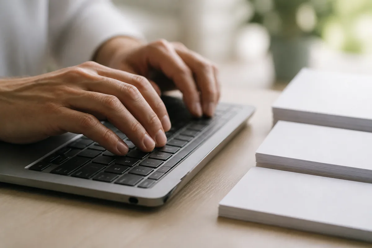 Mains posées sur un clavier d&rsquo;ordinateur portable dans un bureau lumineux