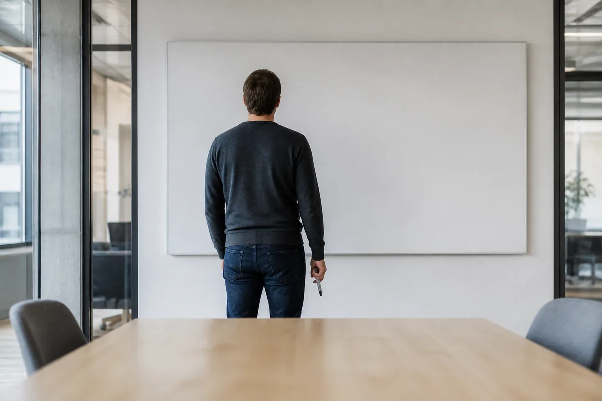 Silhouette de dos devant un tableau blanc effacé dans une salle de réunion vitrée