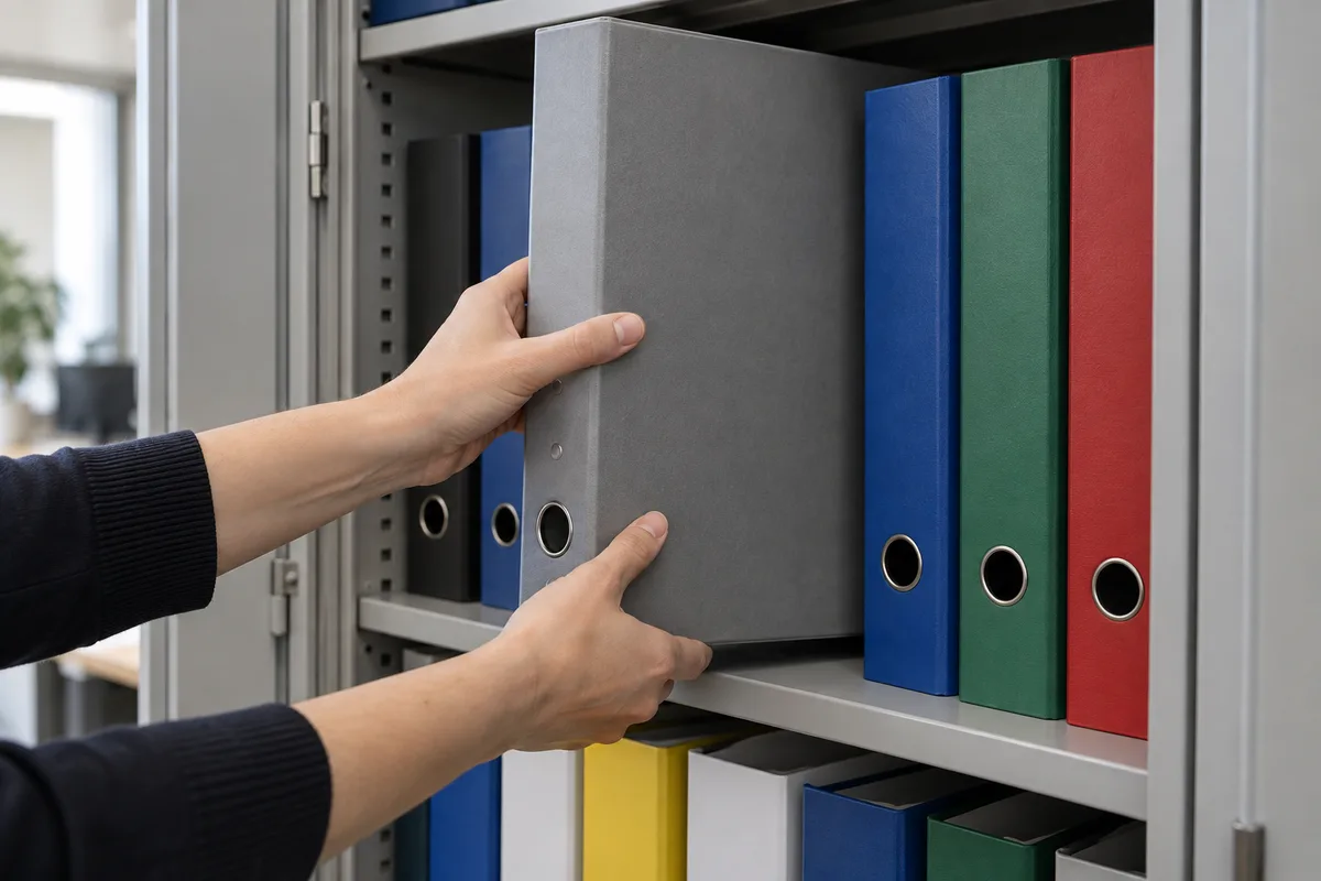 Mains classant des dossiers à couverture unie dans une armoire de rangement métallique