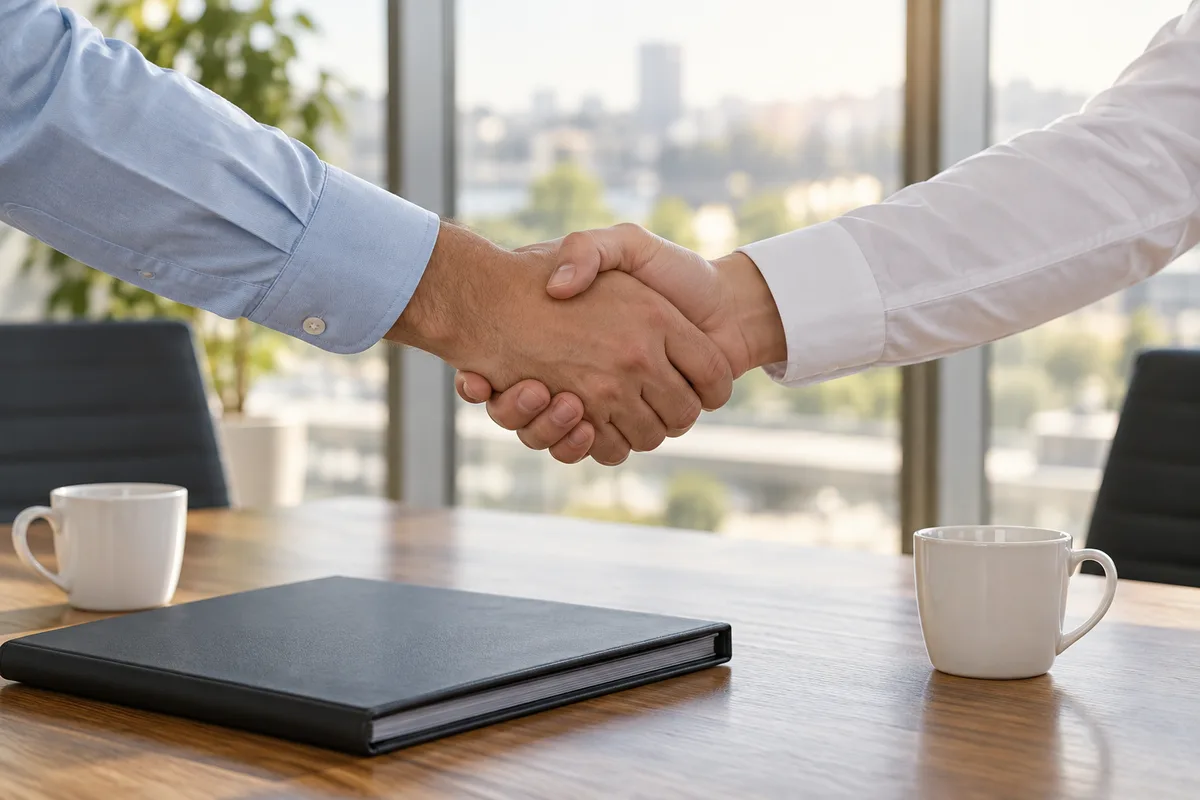 Poignée de main au-dessus d&rsquo;une table de réunion portant un classeur fermé et deux tasses