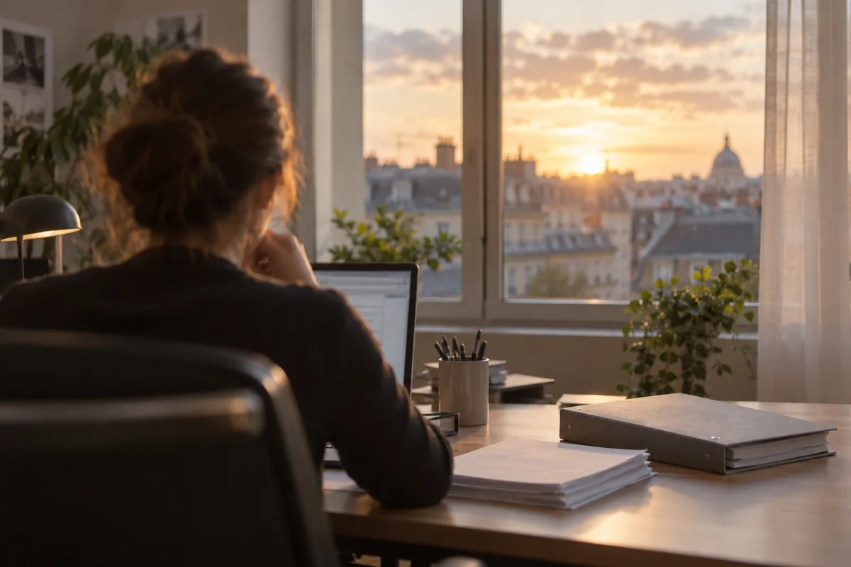 Gestionnaire vu de dos devant la fenêtre d&rsquo;un bureau, silhouette floue en contre-jour