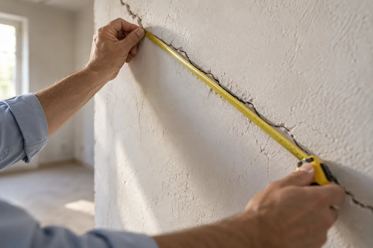 Mains d&rsquo;un expert mesurant une fissure sur un mur intérieur avec un mètre ruban