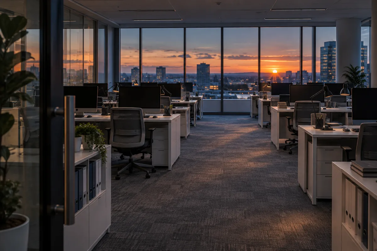 Plateau de bureaux d&rsquo;assurance vide en fin de journée, chaises rangées et lampes éteintes