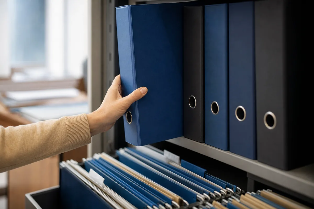 Dossiers de conformité et classeurs dans un bureau d’entreprise française