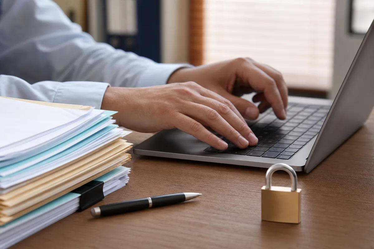 Mains tapant sur un ordinateur portable avec des documents administratifs posés sur le bureau