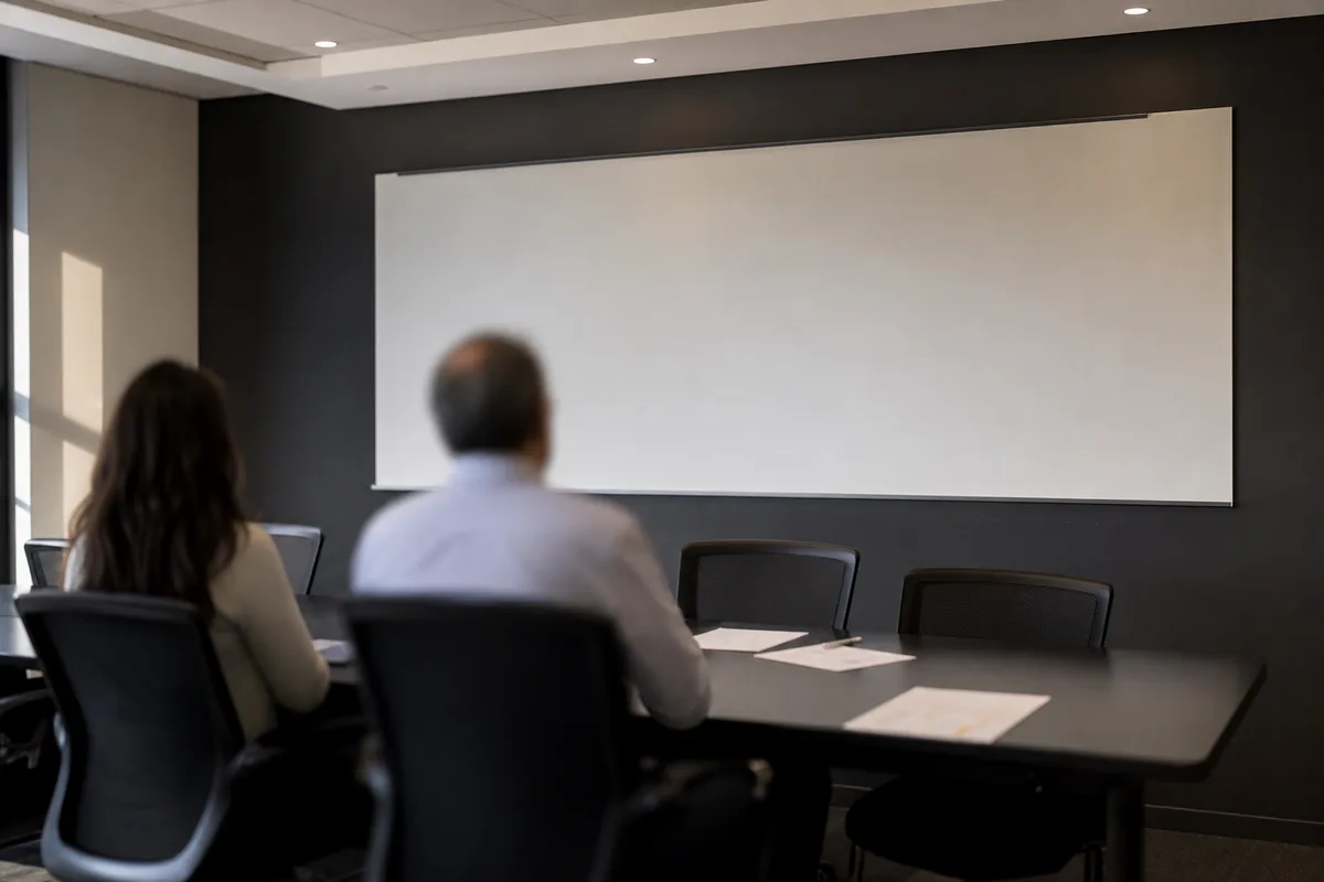 Réunion de direction dans une salle de conférence d&rsquo;entreprise française, documents imprimés et tableau blanc