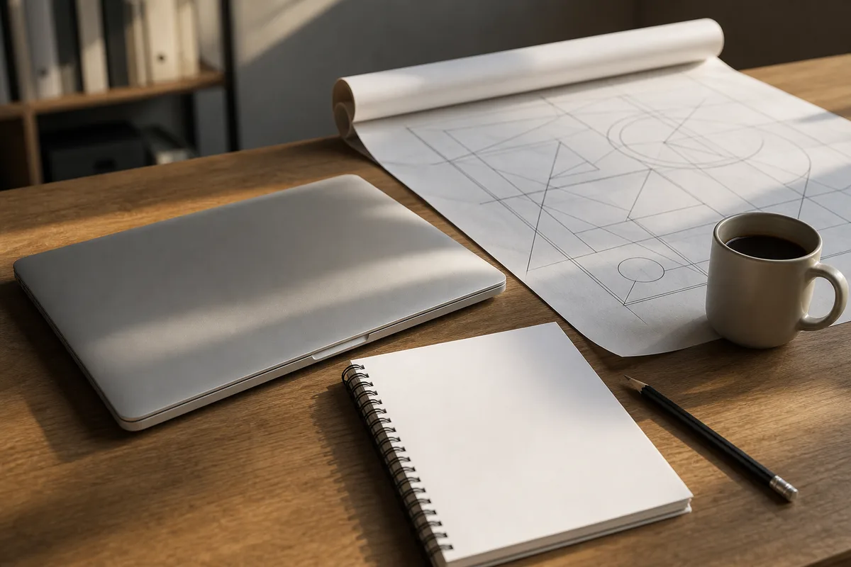 Bureau d&rsquo;entreprise avec ordinateur portable fermé, carnet et plan papier posés sur une table en bois