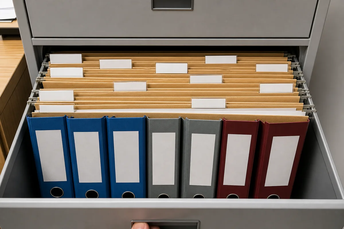 Dossiers suspendus et classeurs d&rsquo;archives dans un bureau administratif d&rsquo;entreprise