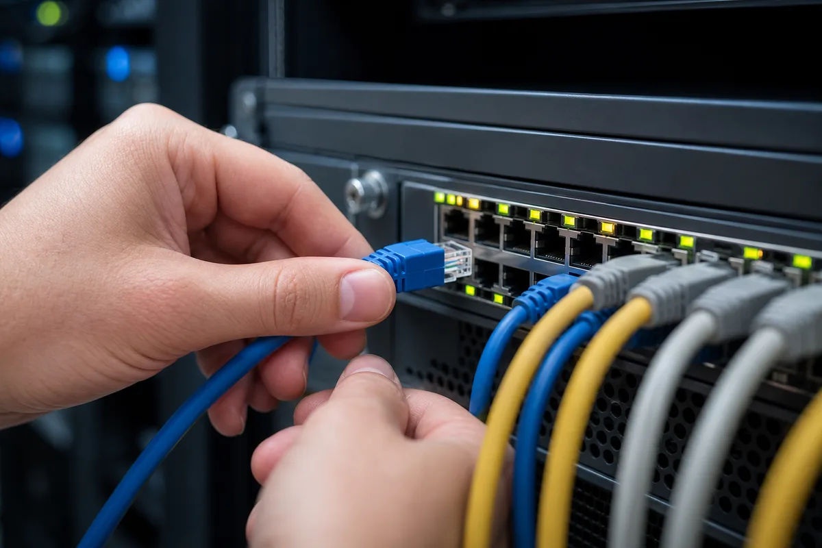 Technicien branchant des câbles réseau sur un switch professionnel