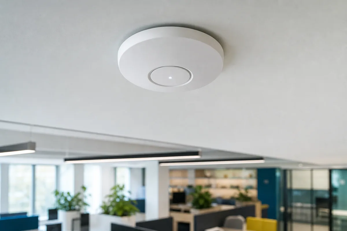 Point d’accès Wi-Fi professionnel fixé au plafond d’un bureau moderne