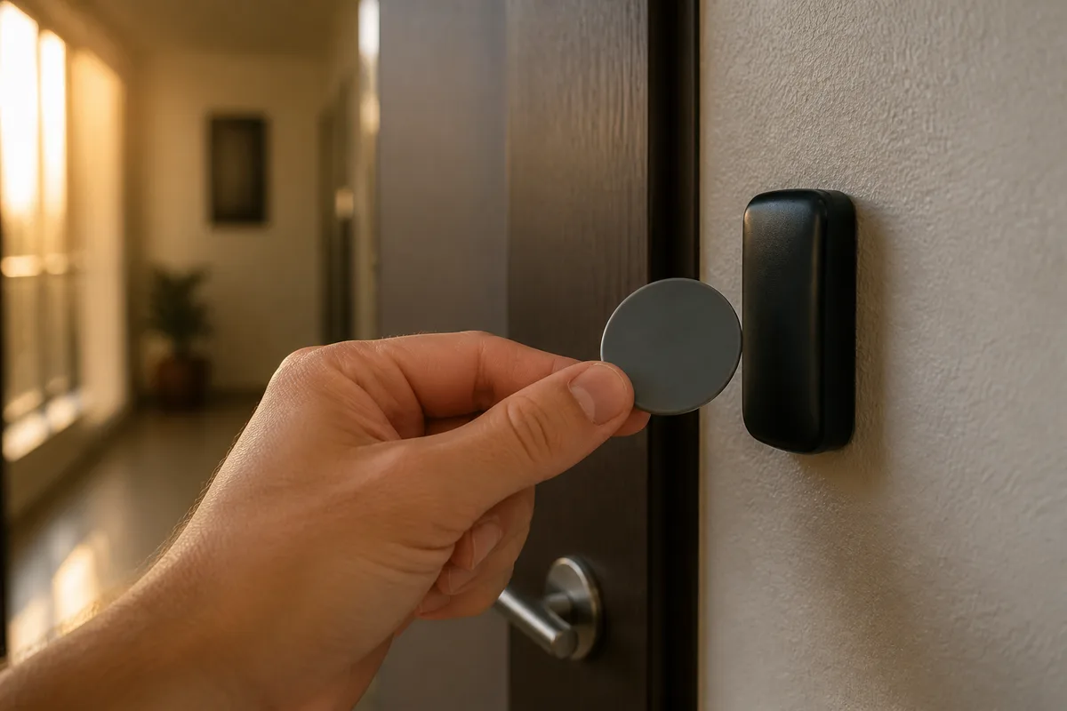 Main présentant un badge devant le lecteur mural d&rsquo;une serrure électronique de porte d&rsquo;entrée