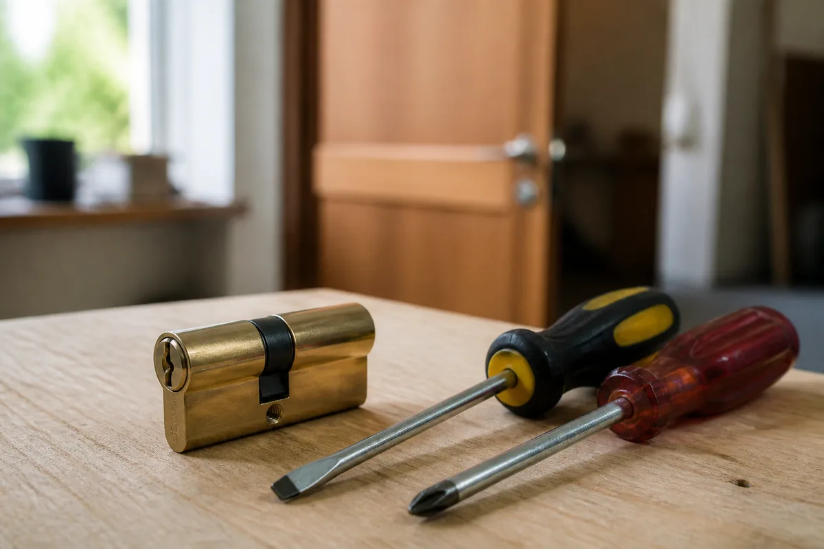 Cylindre électronique et outils de pose disposés sur un établi près d&rsquo;une porte en bois