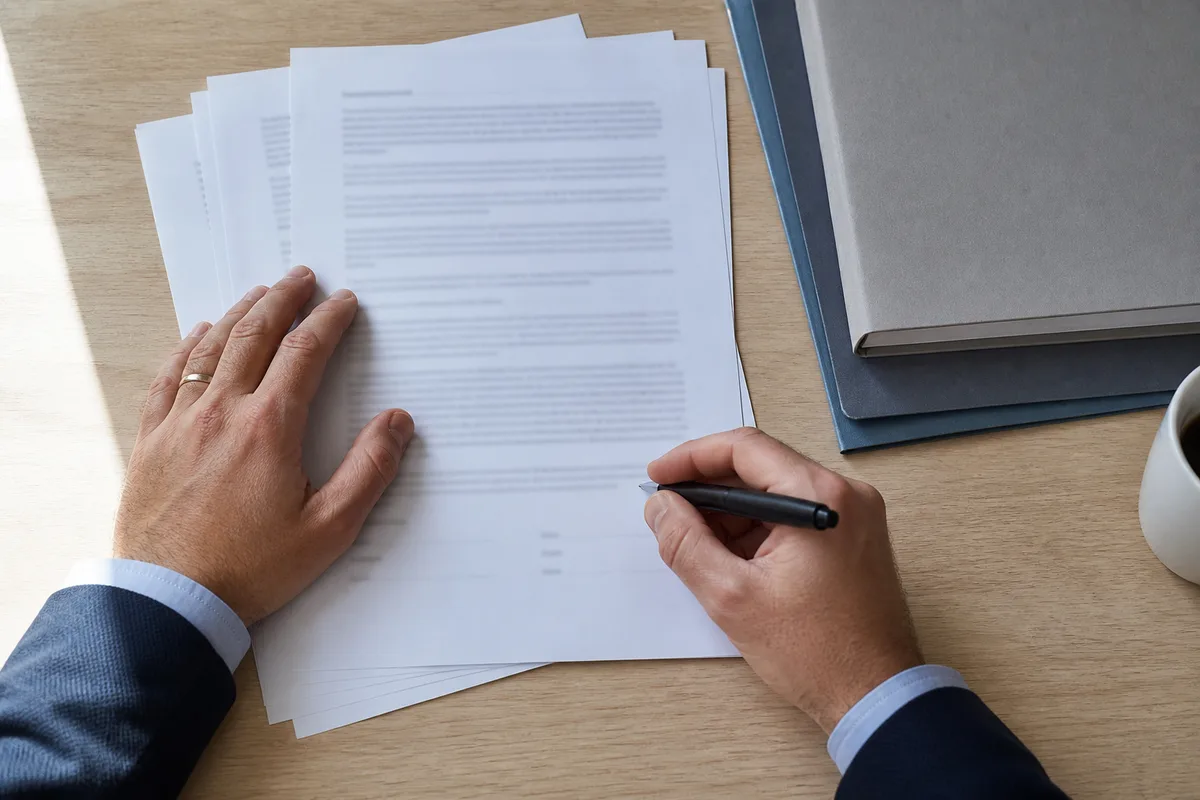 Mains posées sur un contrat imprimé à côté d&rsquo;un stylo et de dossiers empilés