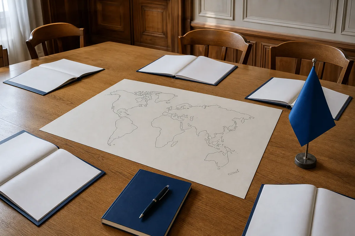 Table de réunion en bois clair avec une carte du monde dessinée au trait et des dossiers ouverts
