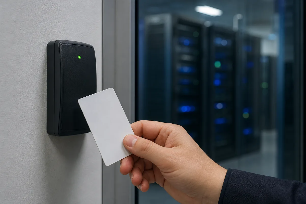 Badge d’accès présenté devant un lecteur sécurisé à l’entrée d’une salle serveur