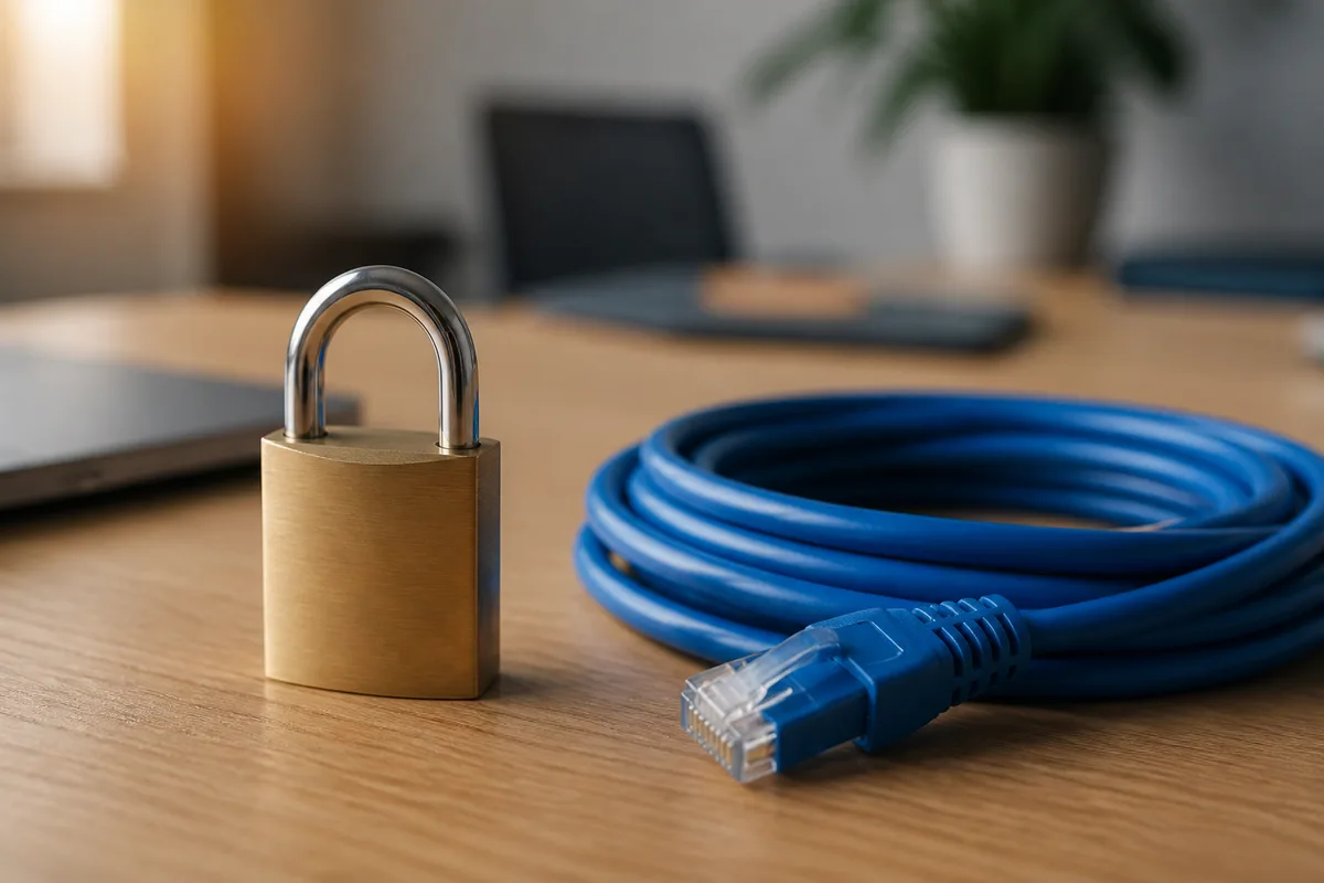 Cadenas en laiton posé sur un bureau à côté d’un câble réseau, symbole d’un site web sécurisé et digne de confiance
