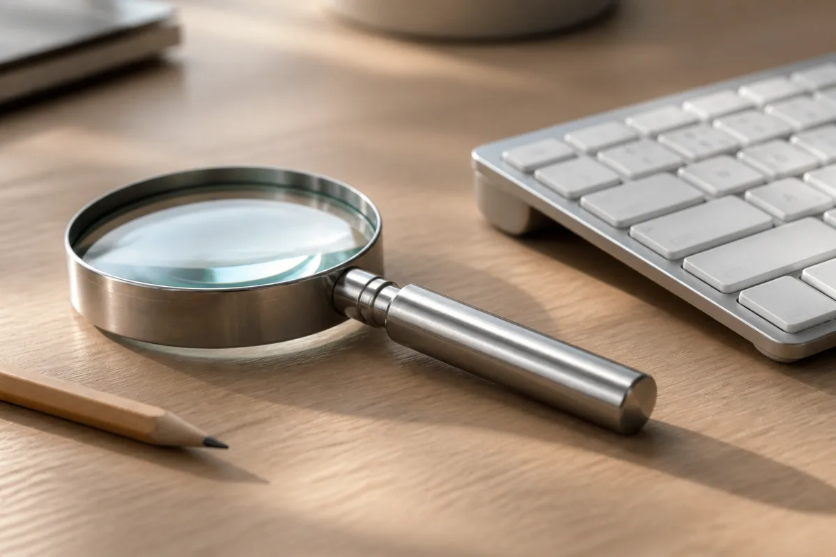 Loupe posée sur un bureau en bois clair près d’un clavier, illustration du travail d’analyse en référencement naturel
