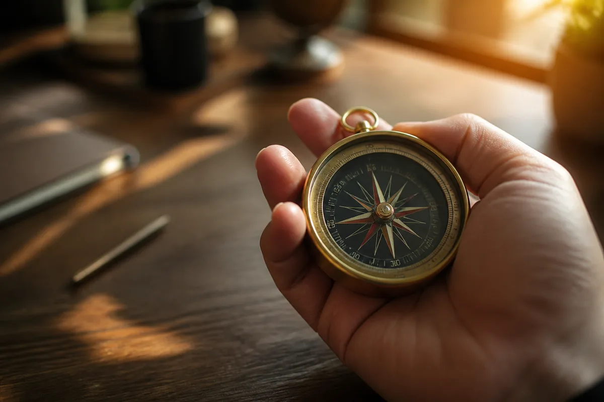 Boussole tenue dans une main au-dessus d’un bureau, symbole du pilotage d’une stratégie de visibilité