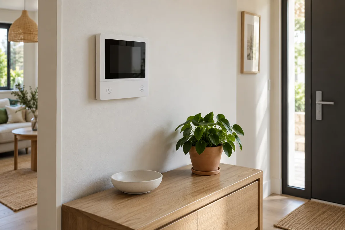 Écran de visiophone éteint fixé au mur clair d&rsquo;une entrée de maison, au-dessus d&rsquo;une console en bois
