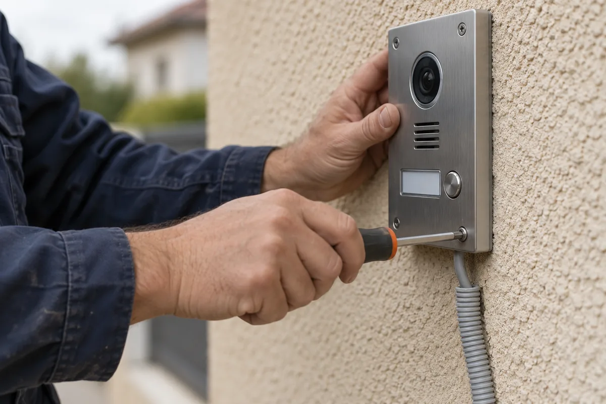 Mains d&rsquo;un électricien vissant une platine de visiophone en métal sur un mur extérieur en crépi